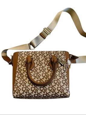 DKNY Brown Monogram Satchel with Beige Strap